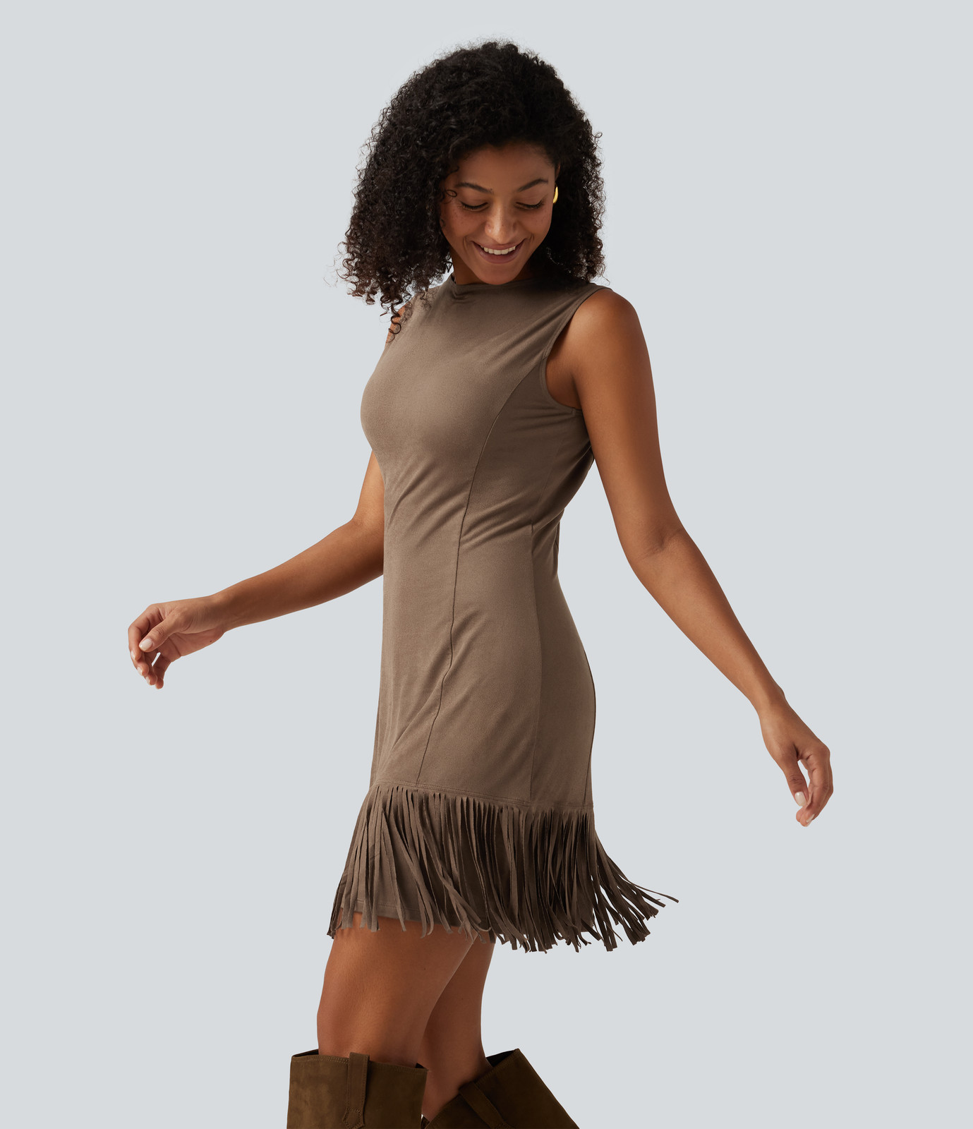 Taupe Sleeveless Mini Dress with Fringe Hem — Dresses for Big Bust