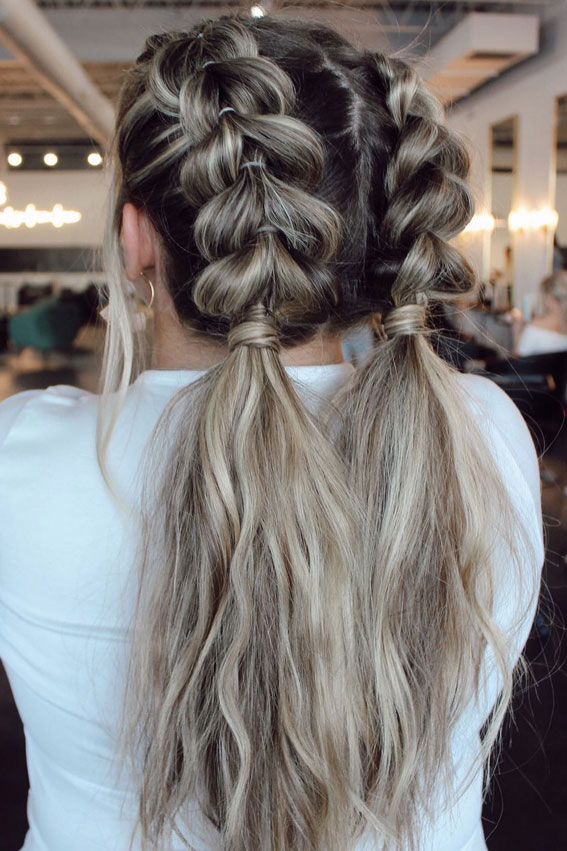 Ash Blonde Wavy Double Bubble Pigtails Ash Blonde Wavy Double Bubble Pigtails — Bubble Braid