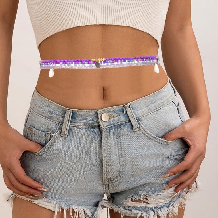 Purple and White Beaded Waist Chain with Denim Shorts Purple and White Beaded Waist Chain with Denim Shorts — Waist Beads