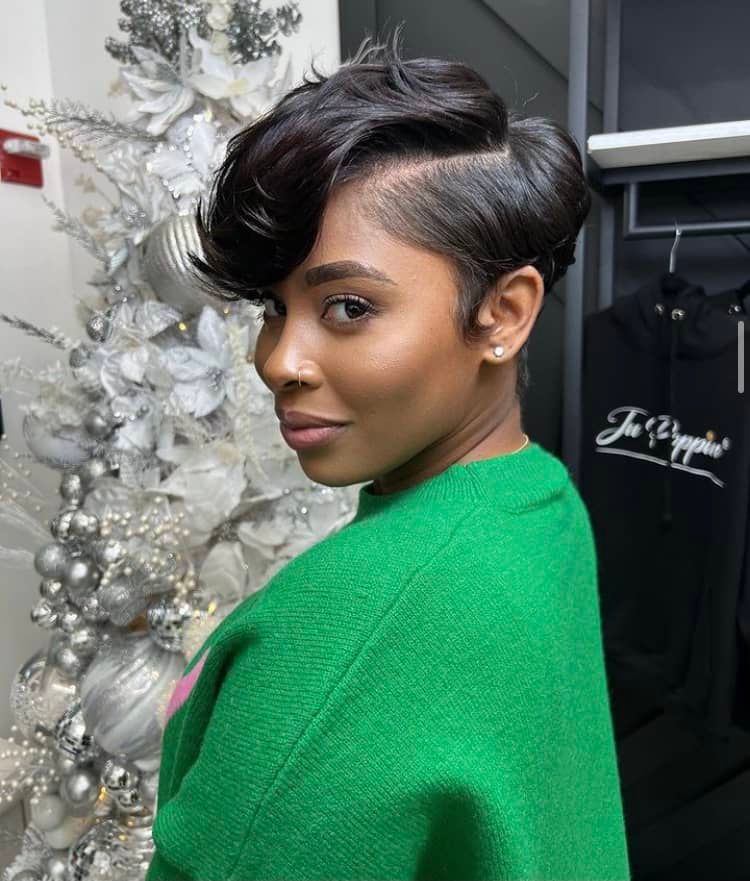 Voluminous Dark Brown Pixie With Swept Bangs Voluminous Dark Brown Pixie With Swept Bangs — Long Pixie