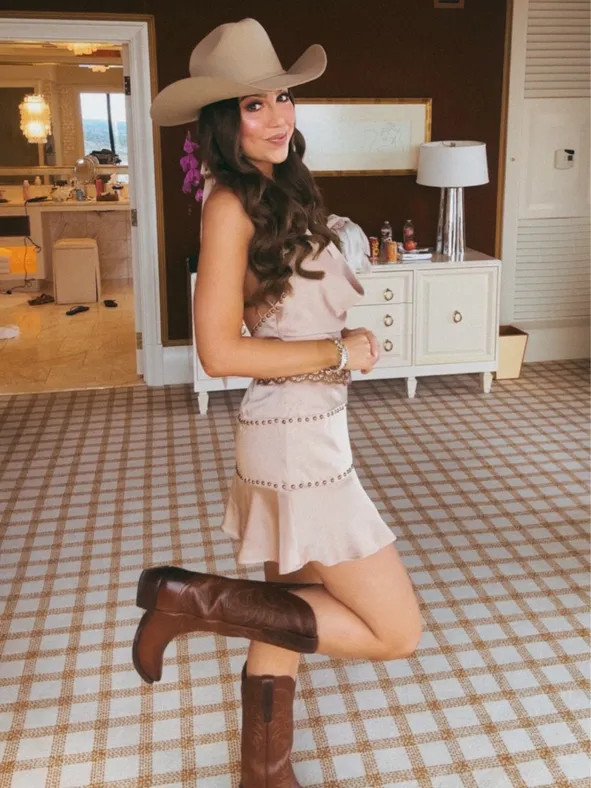 Pink Satin A-line Dress with Brown Cowboy Boots and Hat — Cowboy Boot Outfits with Dress