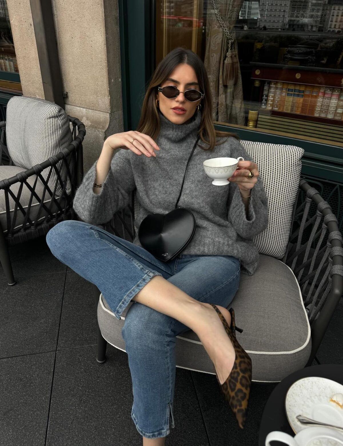 Grey Turtleneck Sweater and Jeans with Leopard Heels Grey Turtleneck Sweater and Jeans with Leopard Heels — Coffee Date Outfits