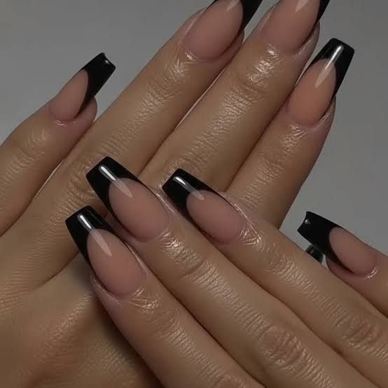 Nude Base with Black French Tip Coffin Nails Nude Base with Black French Tip Coffin Nails — Long Coffin Nails