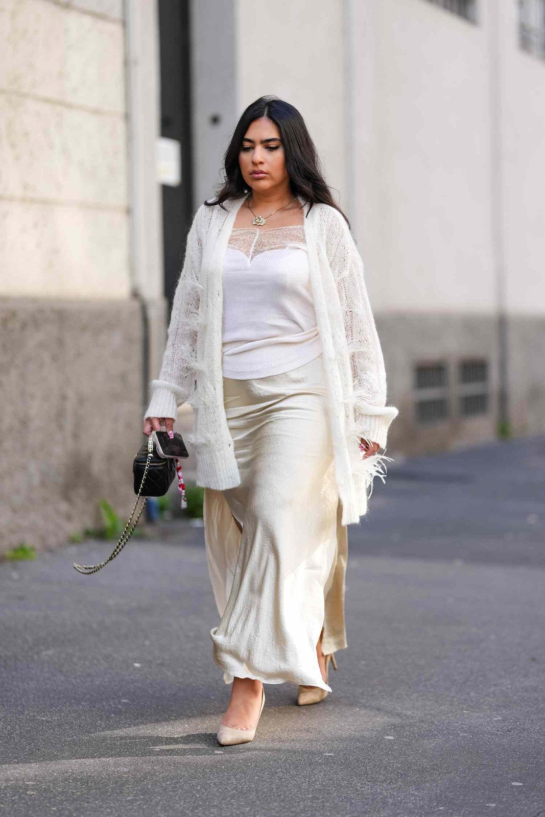 Champagne Gold Midi Skirt with Feather Trim Cardigan for Casual Chic Champagne Gold Midi Skirt with Feather Trim Cardigan for Casual Chic — Satin Skirts