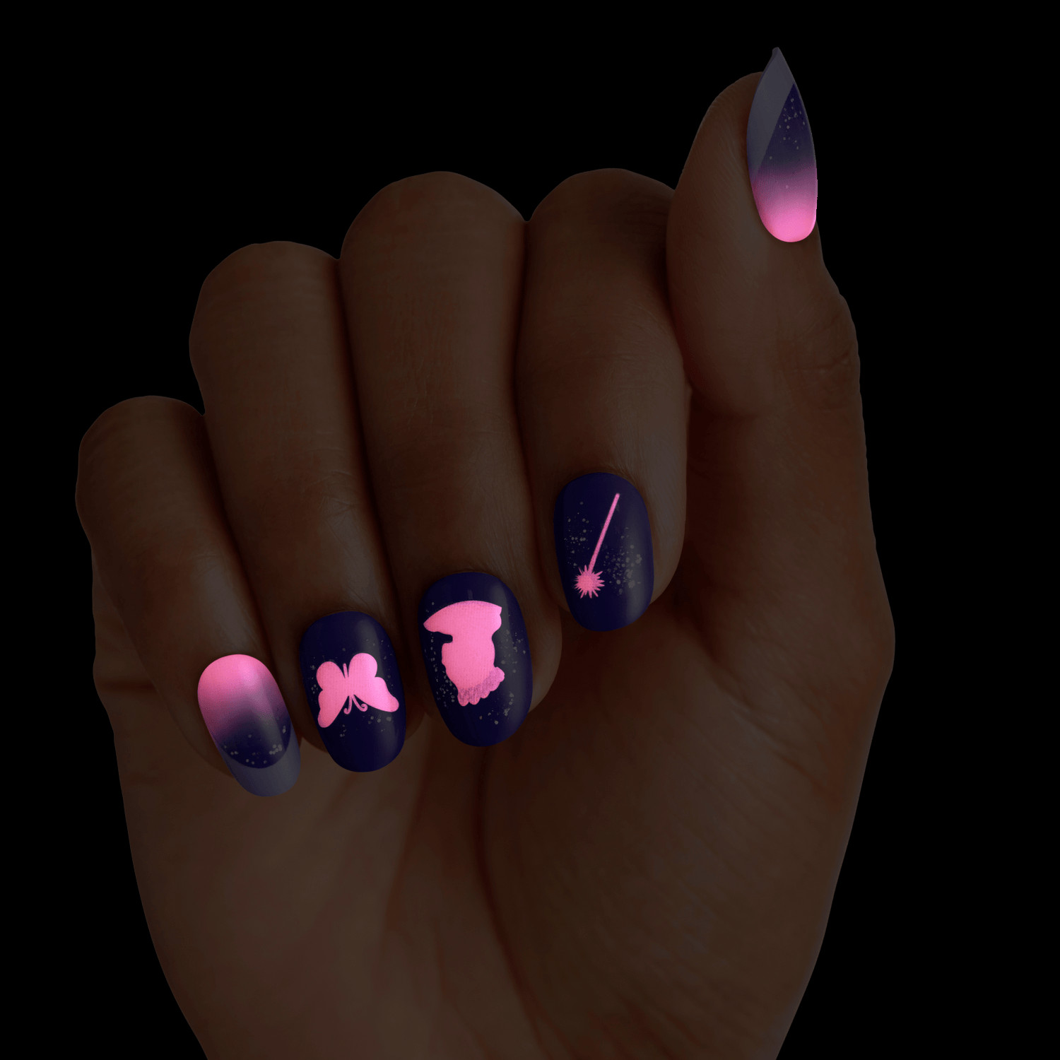 Glowing Gradient Butterfly Almond Nails Glowing Gradient Butterfly Almond Nails — Glow in the Dark Nails
