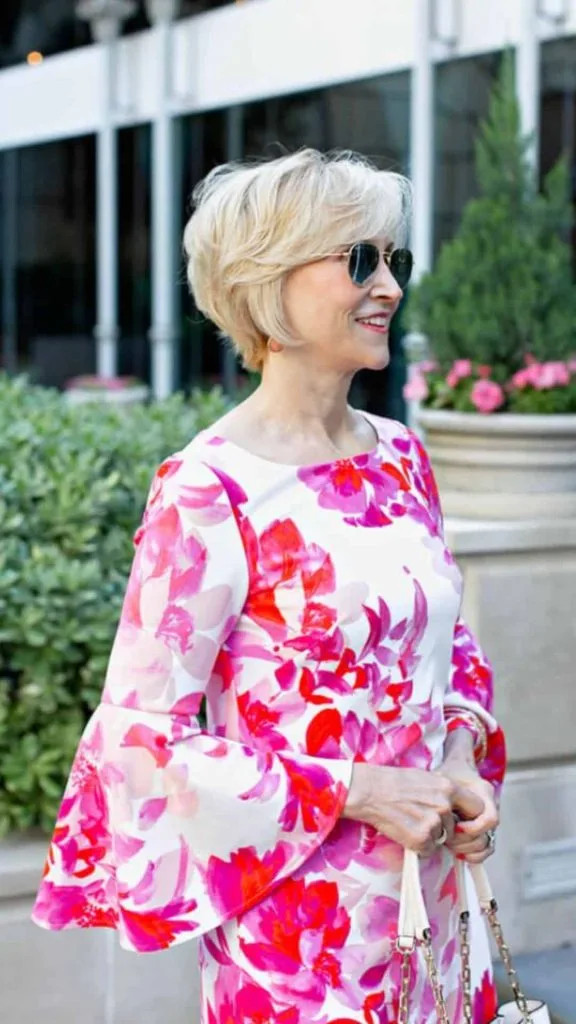 Pink and White Floral Fit-and-Flare with Dramatic Sleeves — Dresses for Women Over 70
