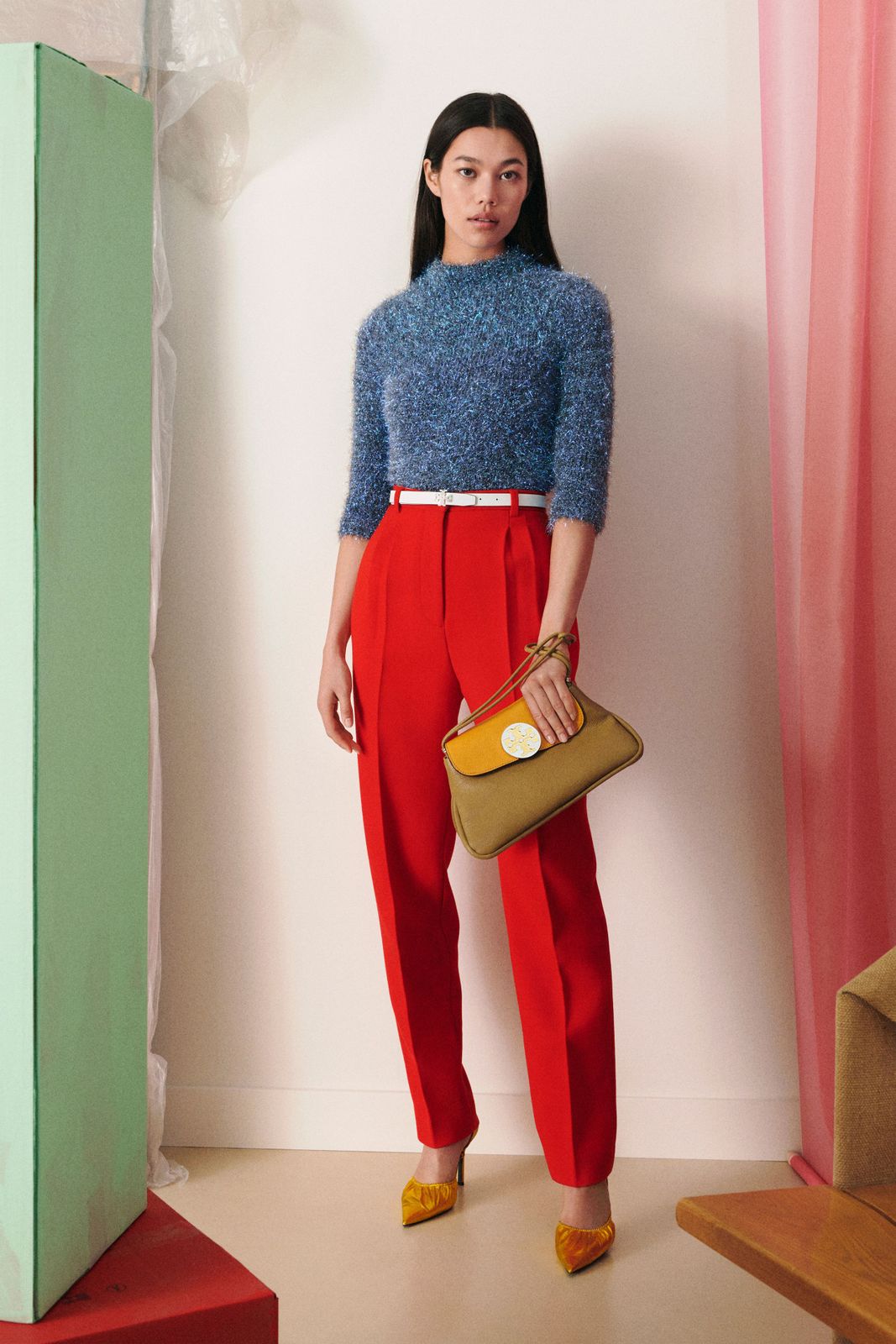 Metallic Knit Sweater with Bold Red Trousers Metallic Knit Sweater with Bold Red Trousers — Tory Burch Outfits