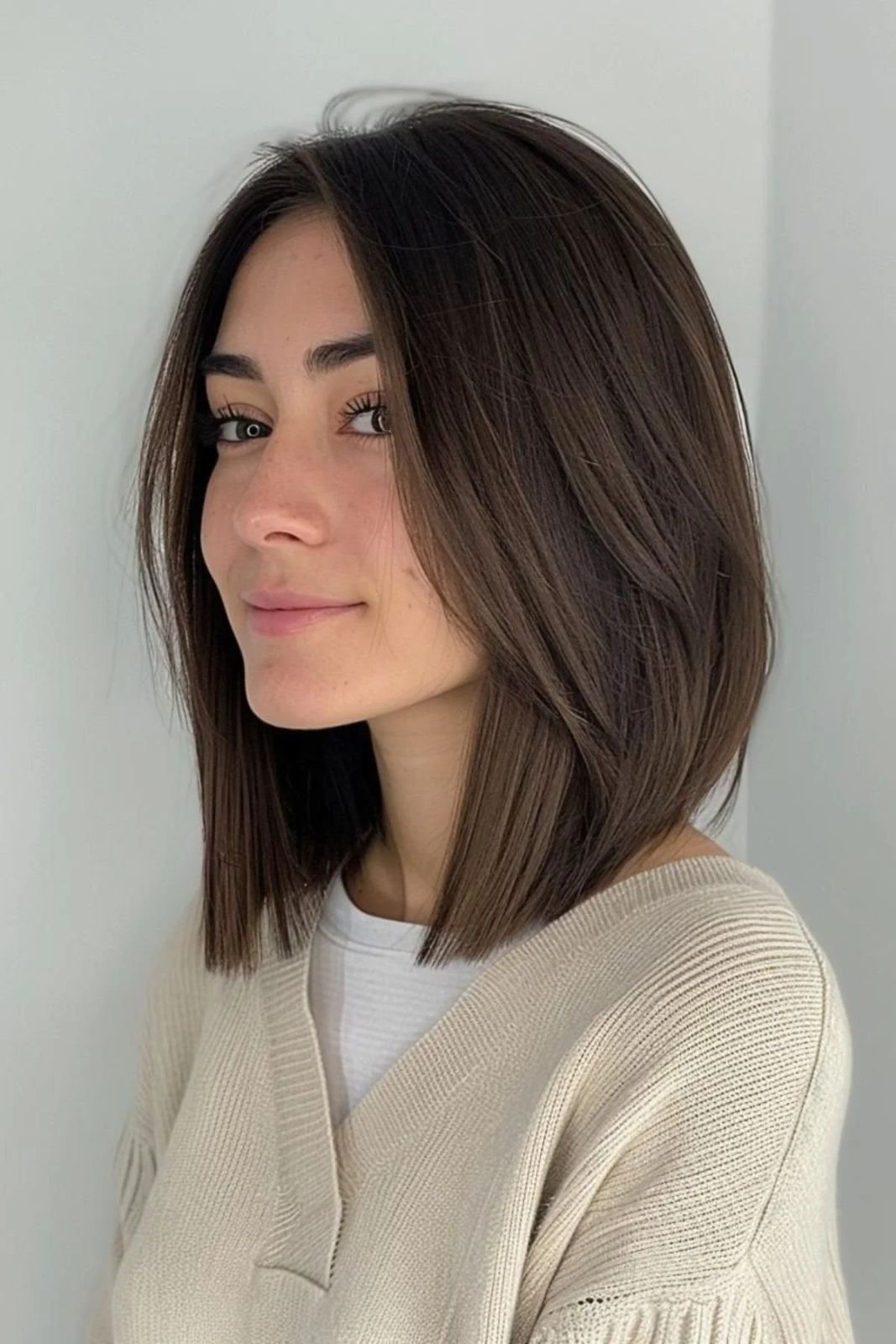 Dark Brown Straight Bob Side Part — Collarbone Length Hair