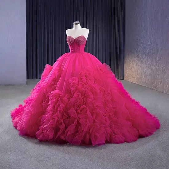 Hot Pink Ruffled Tulle Ball Gown with Beaded Bodice — Sweet 16 Dresses