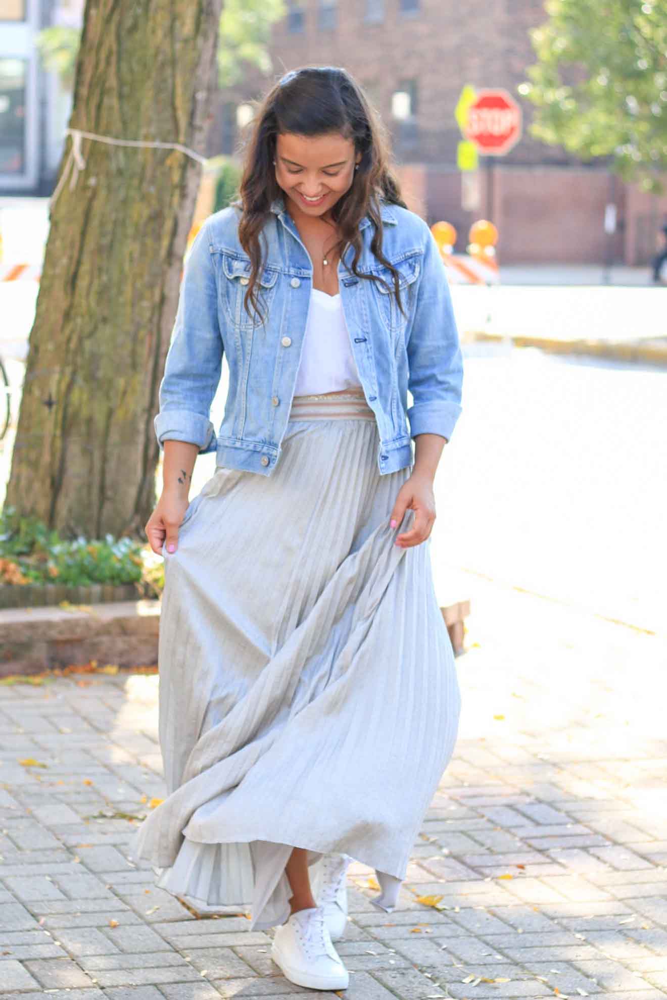 Pleated Silver Maxi Skirt with Denim Jacket — Long Skirt Outfits