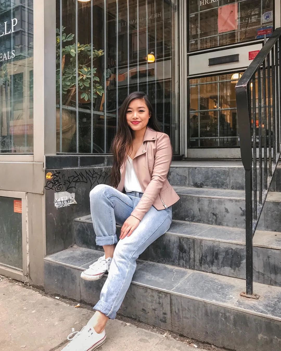Light Pink Leather Jacket with Cuffed Jeans Light Pink Leather Jacket with Cuffed Jeans — Toronto Outfits