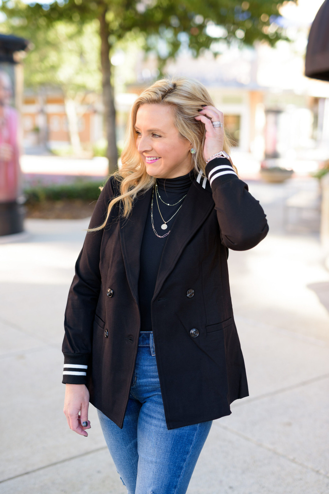 Polished Casual: Black Blazer with Striped Cuffs Polished Casual: Black Blazer with Striped Cuffs — Houston Outfits