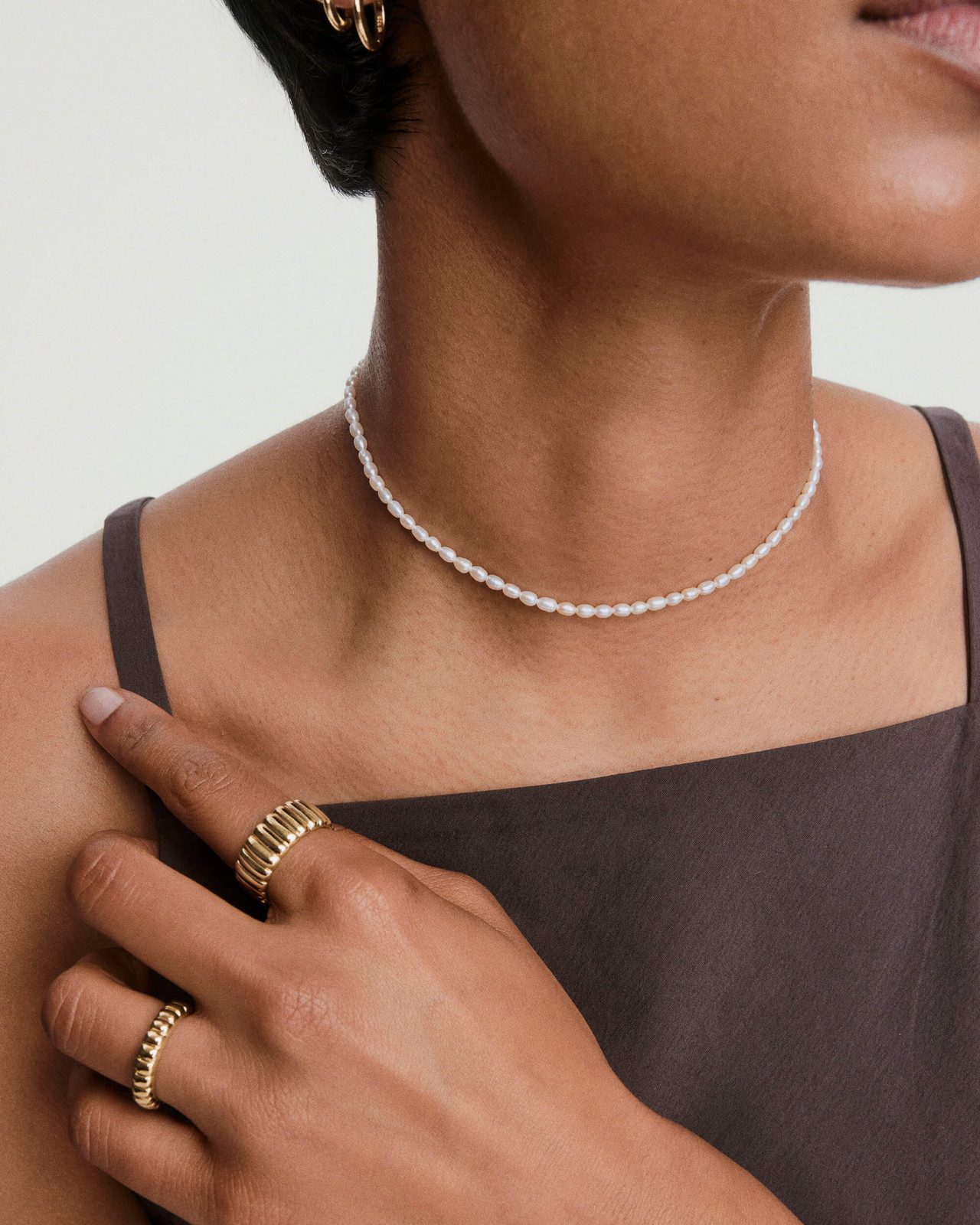 Tiny Freshwater Pearl Necklace with Brown Camisole Tiny Freshwater Pearl Necklace with Brown Camisole — Pearl Necklace Outfits