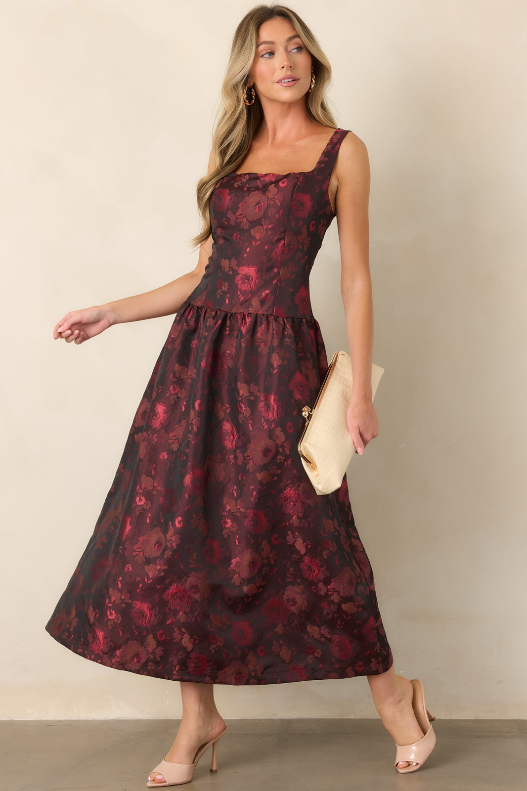 Red and Black Floral Brocade Fit-and-Flare Dress Red and Black Floral Brocade Fit-and-Flare Dress — Sorority Formal Dresses