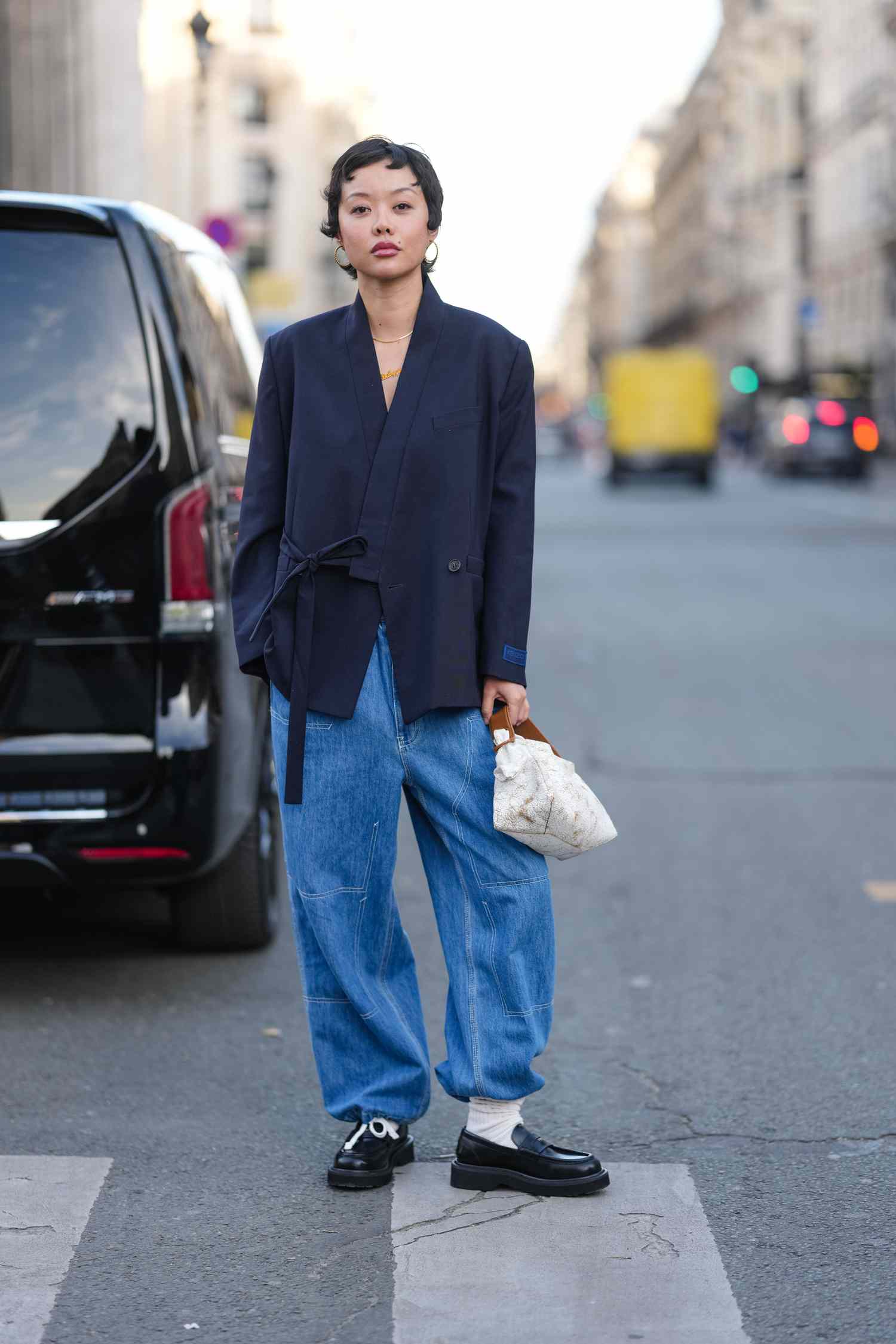 Chic Street Style: Wrap Blazer and Loafers with Medium Blue Wide Leg Jeans — Wide Leg Jeans Outfits