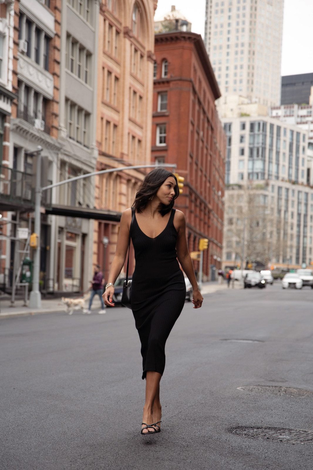 Evening Glam: Fitted Ribbed Midi Dress with Strappy Heels — Little Black Dress Outfits
