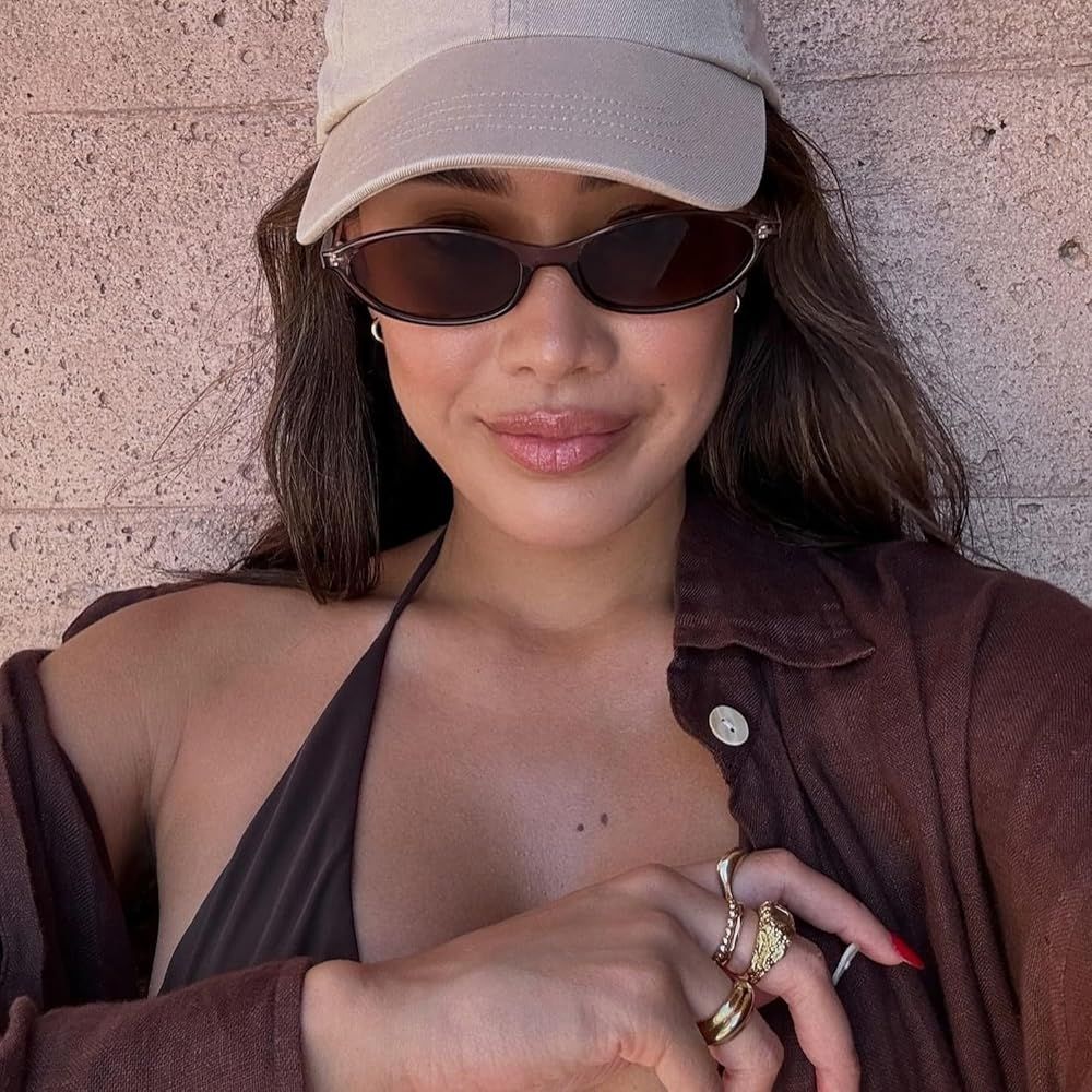 Beach Ready: Baseball Cap, Bikini, and Oval Sunglasses — Oval Sunglasses Outfits