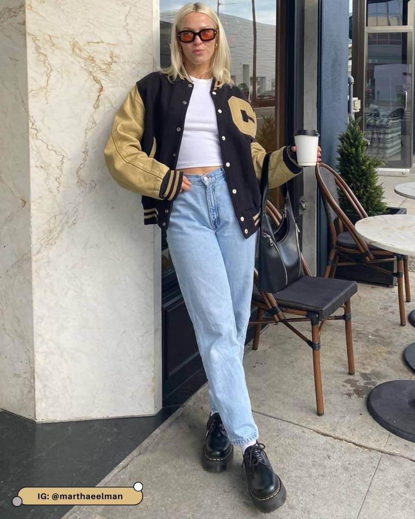 Oversized Varsity Jacket with Platform Shoes and Jeans Oversized Varsity Jacket with Platform Shoes and Jeans — Varsity Jacket Outfits