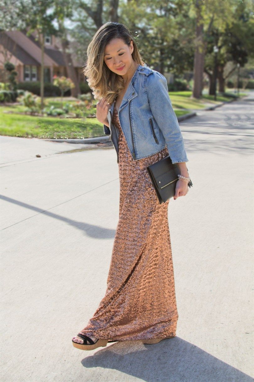 Casual Denim Jacket Over Bronze Sequin Maxi Dress Casual Denim Jacket Over Bronze Sequin Maxi Dress — Sequin Dress Outfits