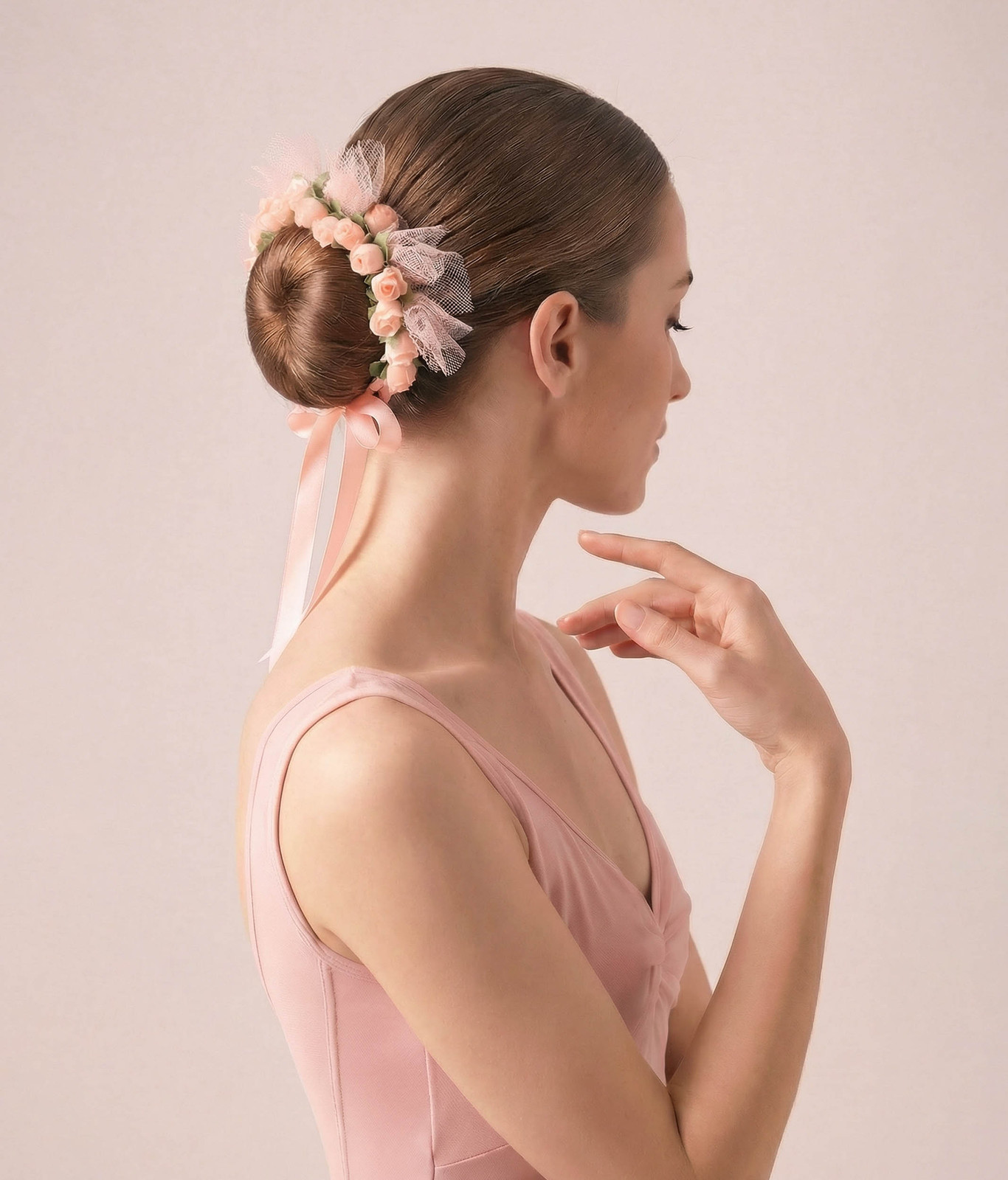 Elegant Updo With Floral Embellishments Elegant Updo With Floral Embellishments — Dance Competition Hairstyles