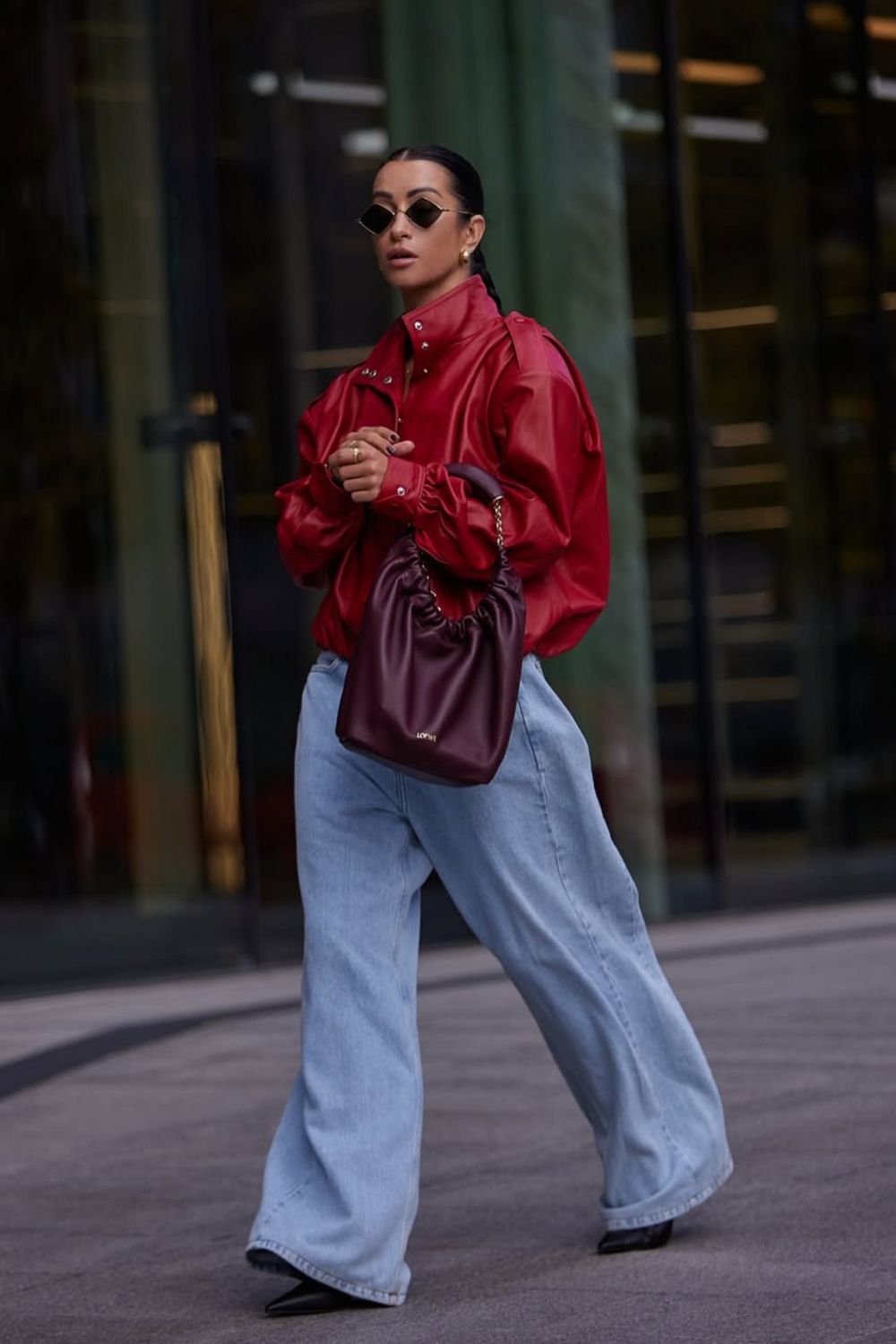 Voluminous Red Leather Jacket with Wide-Leg Jeans — Leather Jacket Outfits
