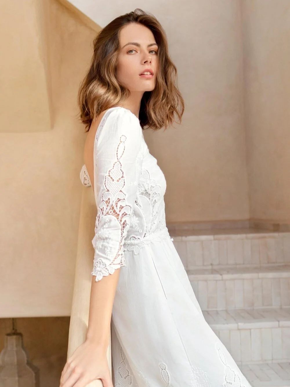 White Lace Midi Dress with Cutout Back and Pointed Heels — Honeymoon Dresses