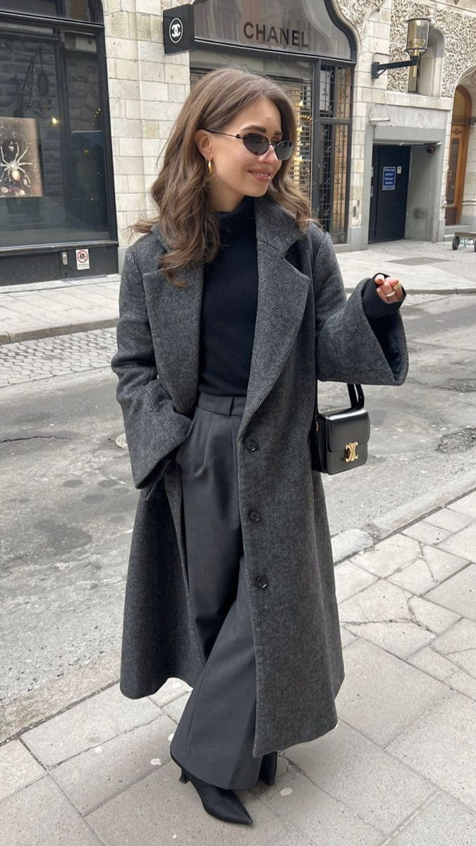 Sophisticated Grey Herringbone Coat Ensemble Sophisticated Grey Herringbone Coat Ensemble — Stealth Wealth Outfits