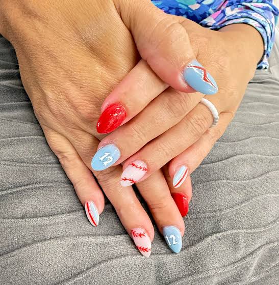 Medium Stiletto Mix Stitch Numbers and Stripes Medium Stiletto Mix Stitch Numbers and Stripes — Baseball Mom Nails