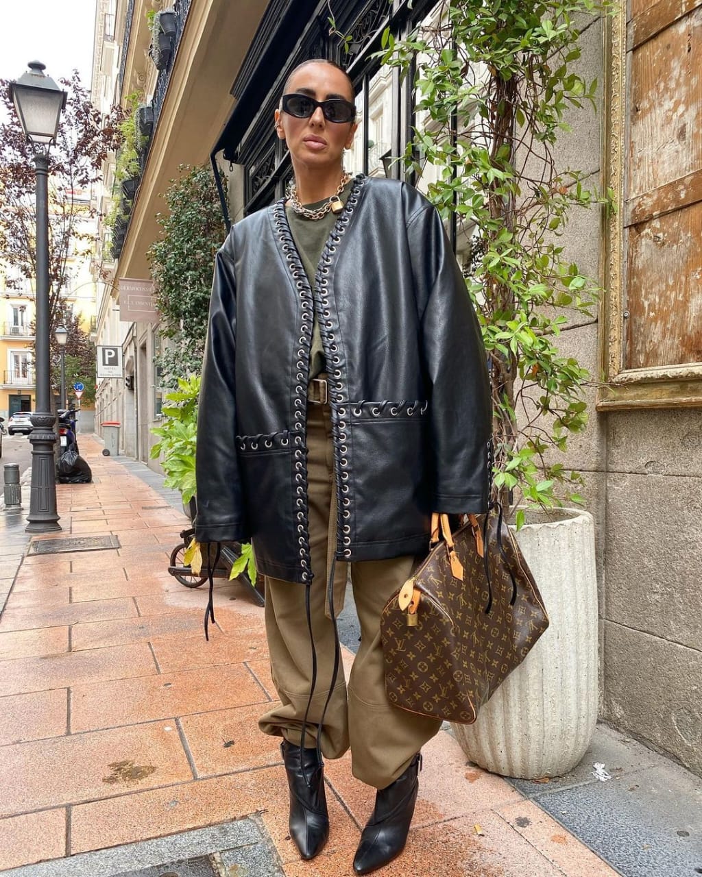 Lace-Up Leather Jacket with Relaxed Trousers and Tote Bag — Indie Sleaze Outfits