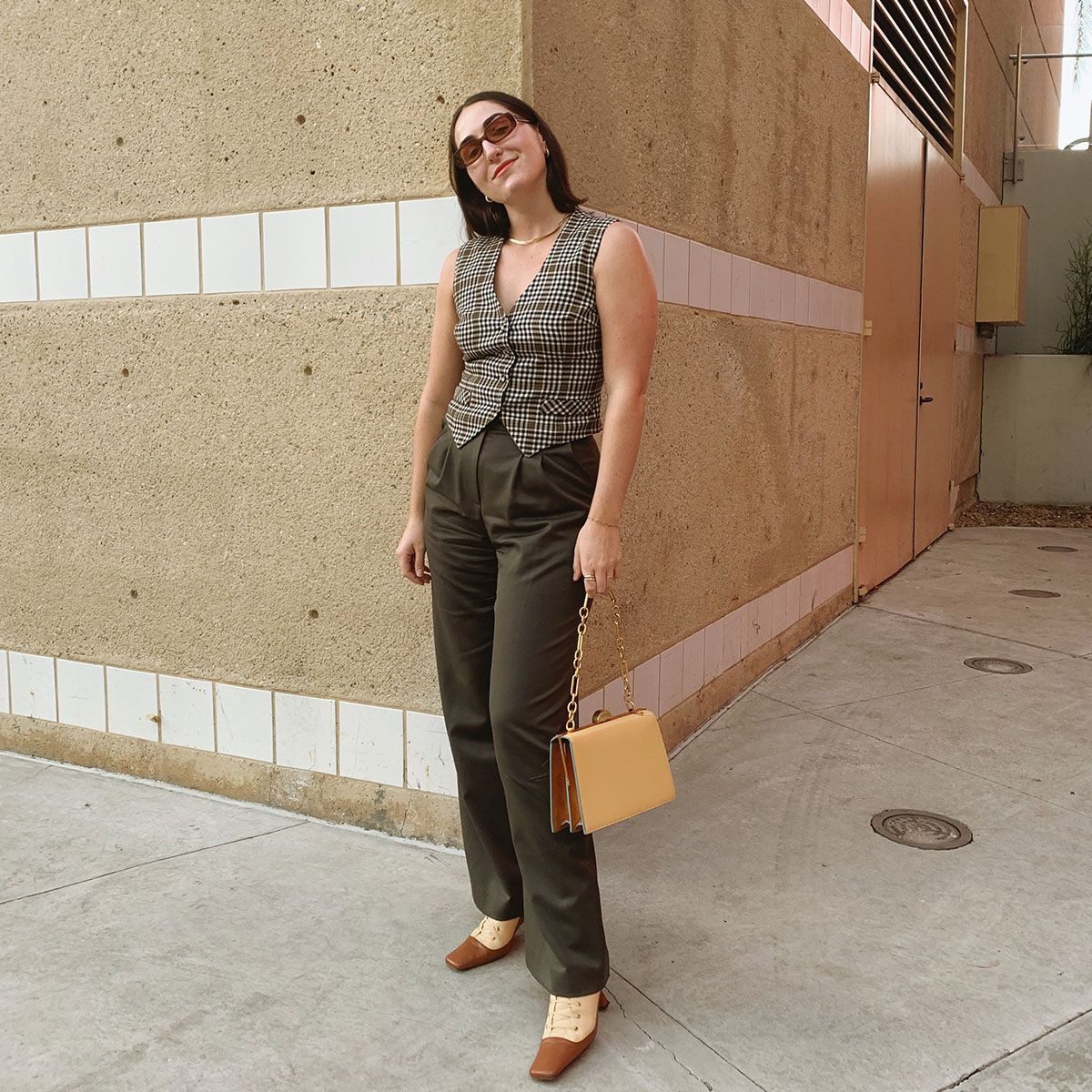 Houndstooth Vest over White Shirt with Olive Trousers — First Day of Work Outfits