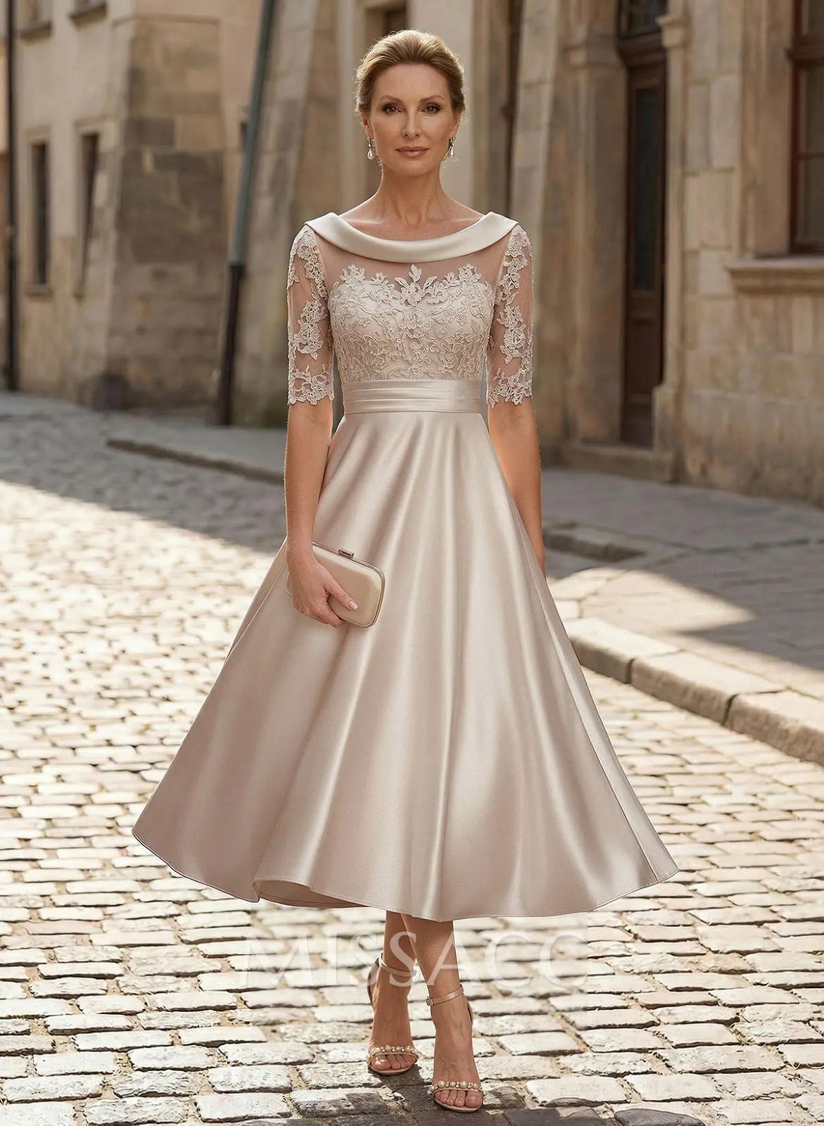 Champagne Satin A-Line Dress with Lace Illusion Neckline Champagne Satin A-Line Dress with Lace Illusion Neckline — Tea Length Dresses