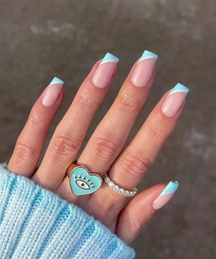 Soft Light Blue Double French Tips Soft Light Blue Double French Tips — Two Tone Nails