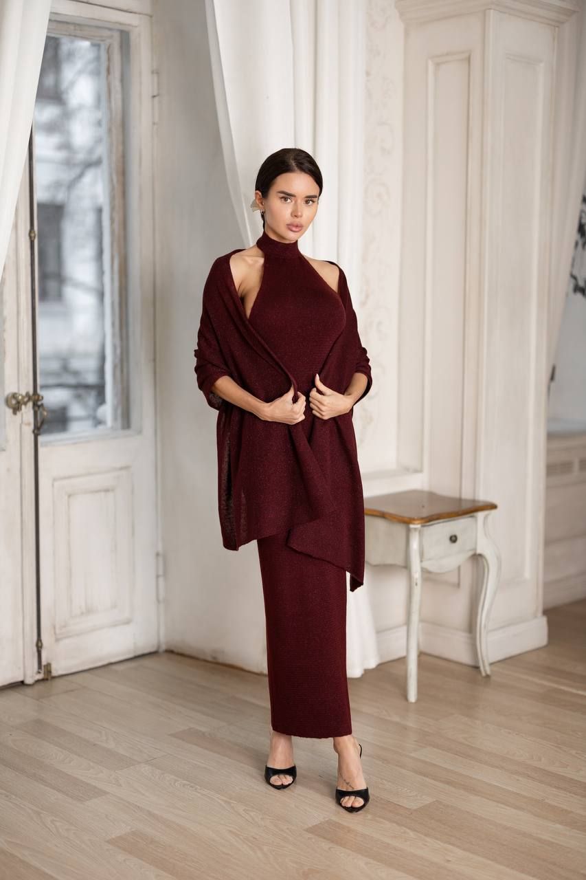 Evening Event Burgundy Knit Halter Maxi Dress with Shawl — Halter Dresses
