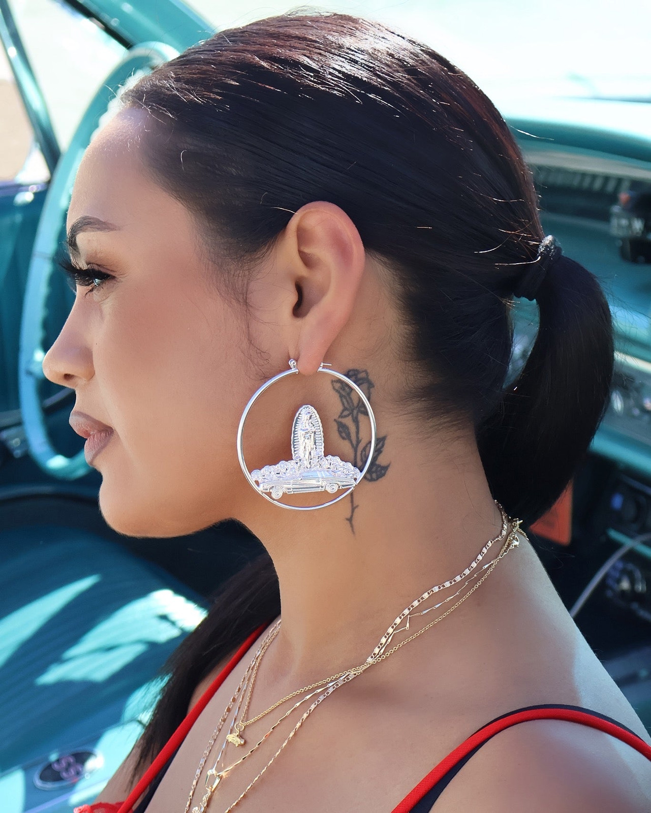 Edgy Contrast: Bold Silver Hoops with a Red Tank and Gold Layers — Silver Hoops Outfits