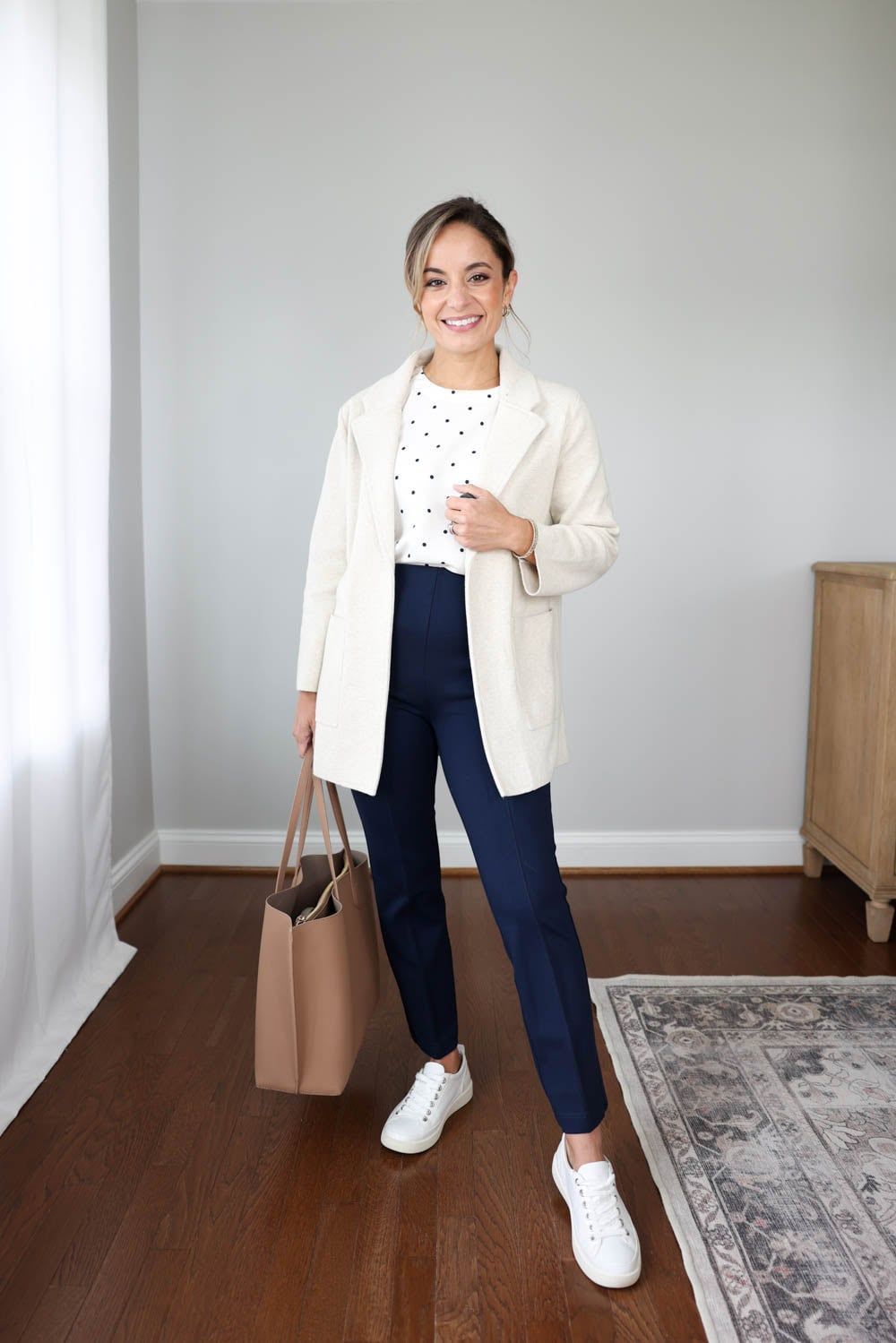 Textured Jacket with Polka Dot Top and Navy Trousers Textured Jacket with Polka Dot Top and Navy Trousers — Elementary Teacher Outfits