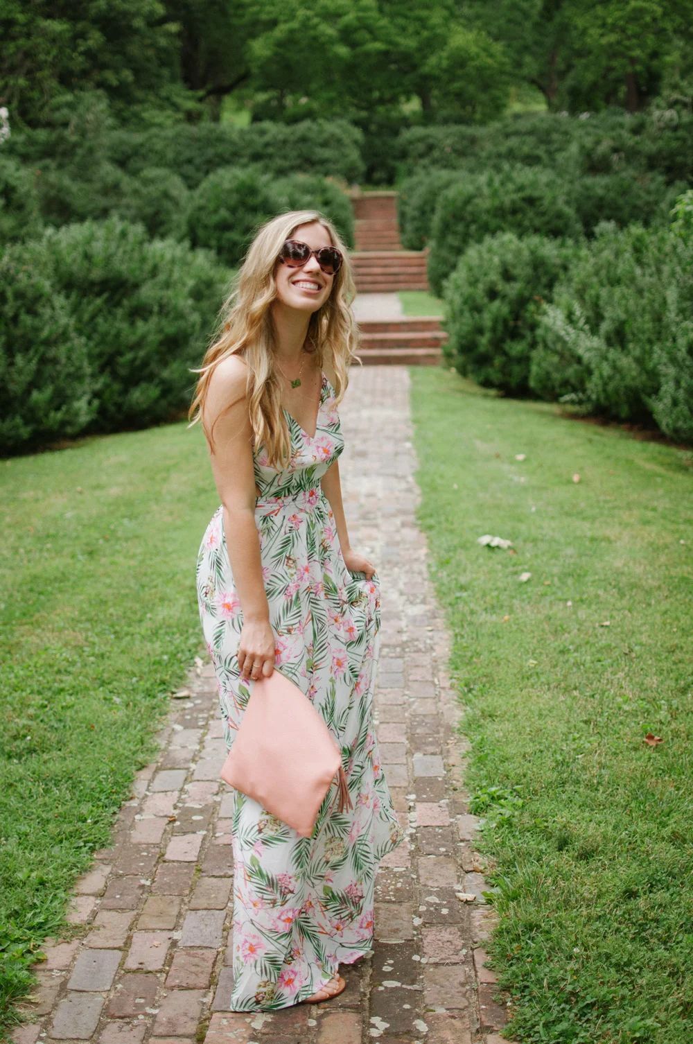 White Floral Maxi Dress with Blush Clutch — Garden Party Outfits