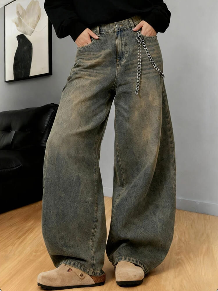 Super Baggy Grey-Brown Jeans with Chain Detail — Baggy Jeans
