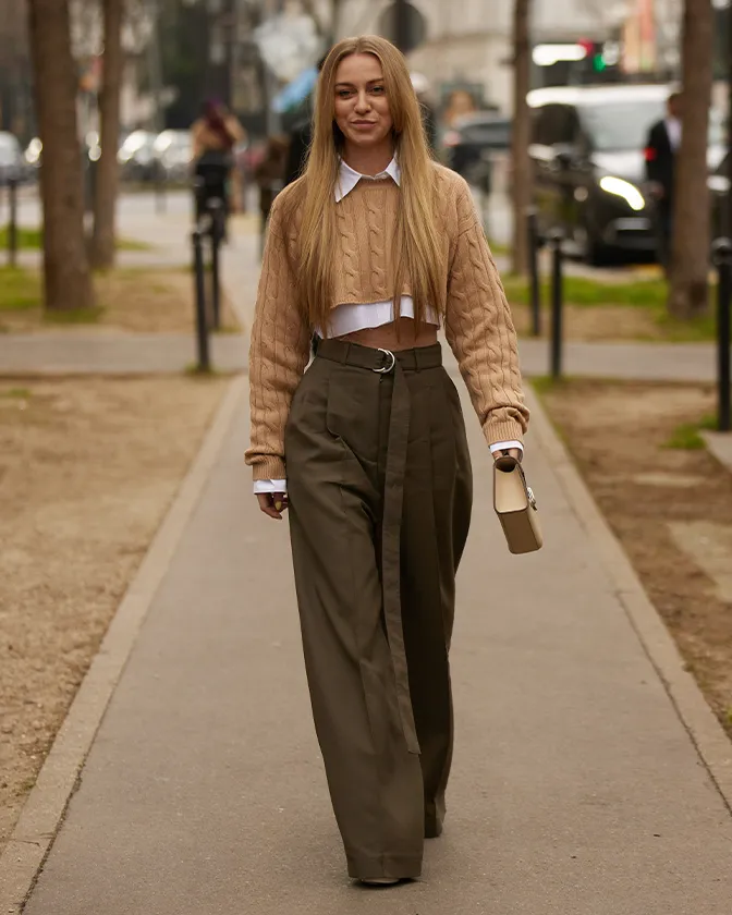 Beige Cropped Cable-Knit Sweater with Olive Wide-Leg Trousers Beige Cropped Cable-Knit Sweater with Olive Wide-Leg Trousers — Neutral Outfits