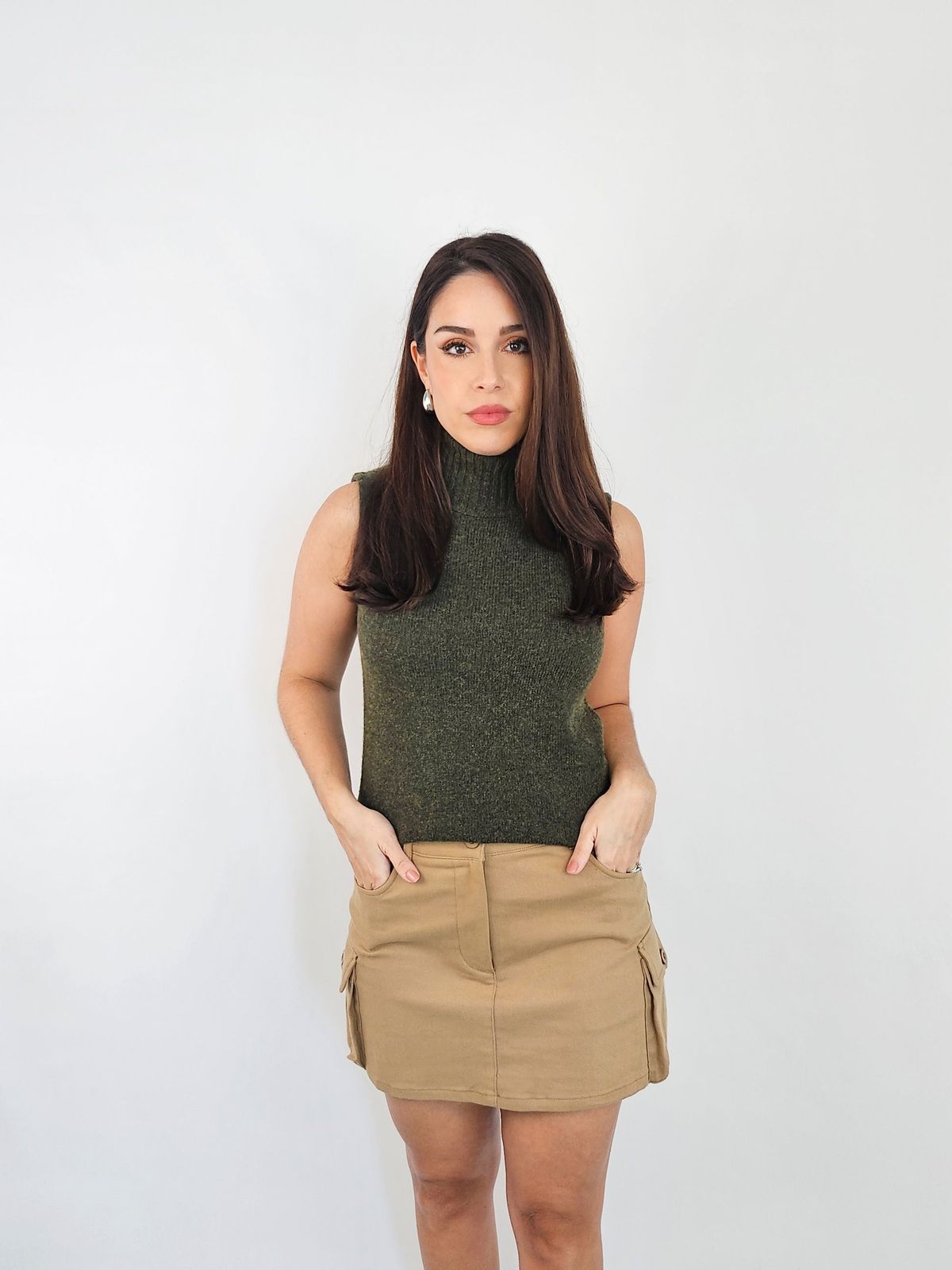 Khaki Cargo Mini Skirt with Knit Turtleneck — Cargo Skirt Outfits