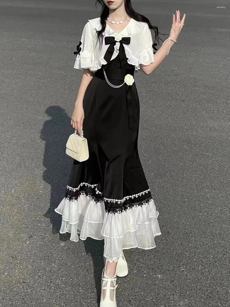 Black and White Ruffled Maxi Dress with Lace Trim Black and White Ruffled Maxi Dress with Lace Trim — Soft Girl Outfits