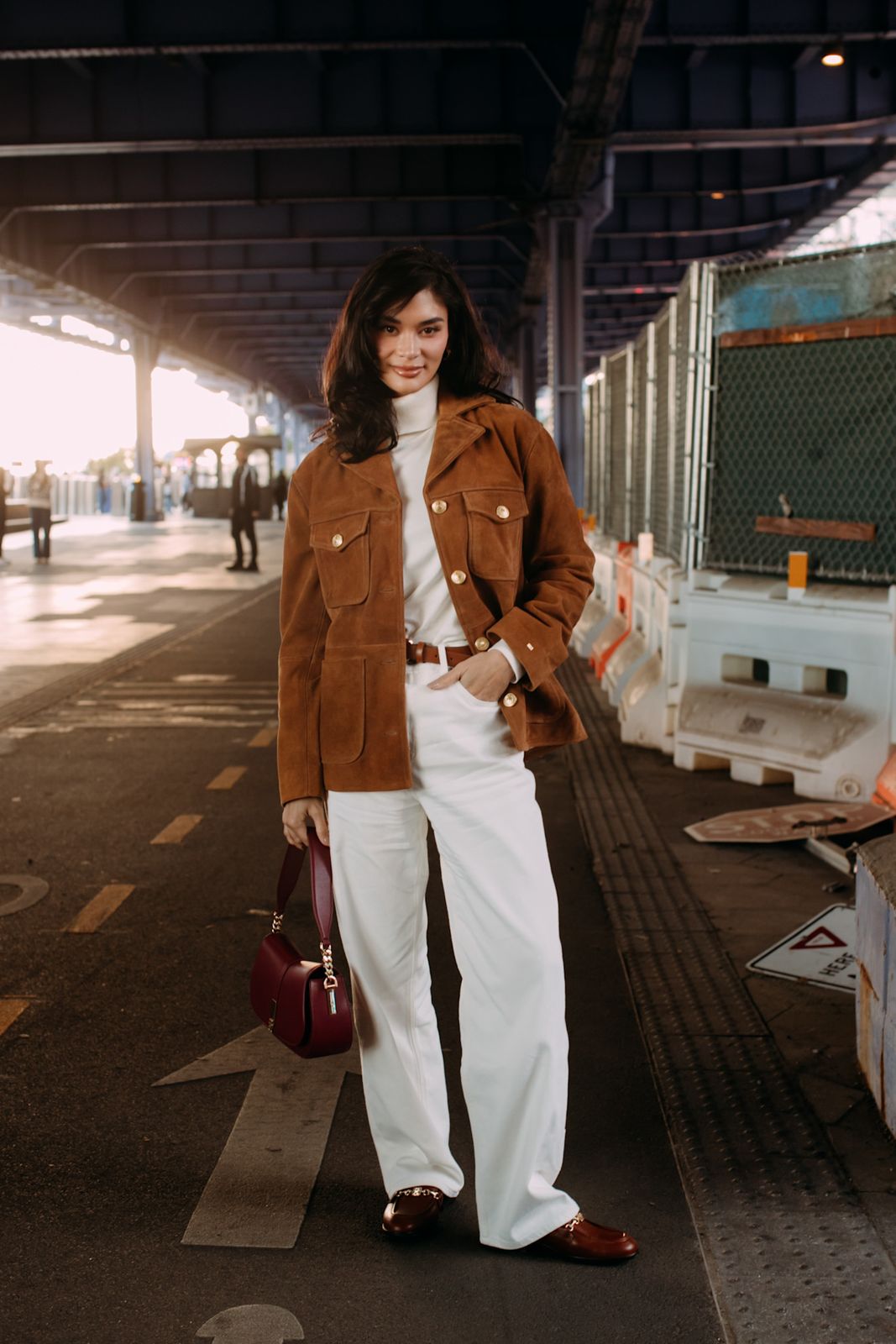 Suede Jacket and Wide-Leg Trousers with Brown Penny Loafers — Penny Loafers Outfits