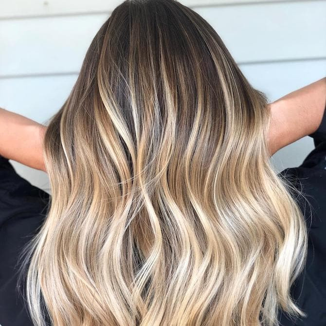 Layers Mid-Back Waves Dark Brown to Blonde Layers Mid-Back Waves Dark Brown to Blonde — Shadow Root