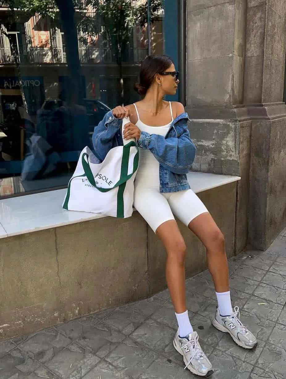 White Biker Shorts With Bodysuit and Denim Jacket — Biker Shorts Outfits