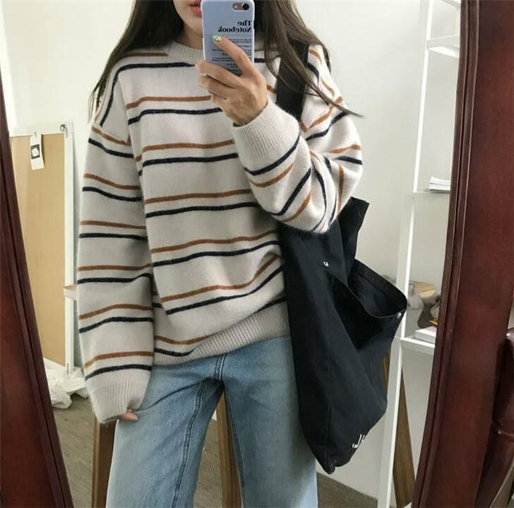 Striped Knit Sweater with Jeans and Tote Bag Striped Knit Sweater with Jeans and Tote Bag — Grandmacore Outfits