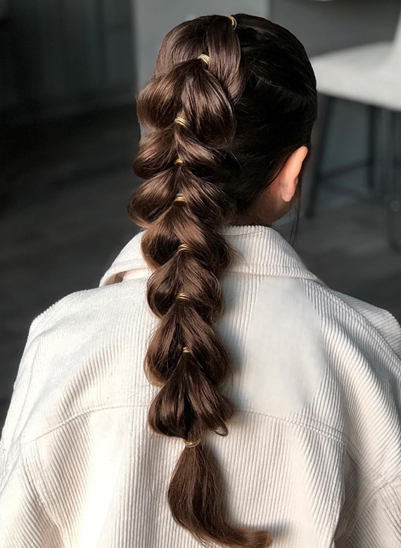 Textured Dark Brown Bubble Braid Textured Dark Brown Bubble Braid — Updos for Long Hair