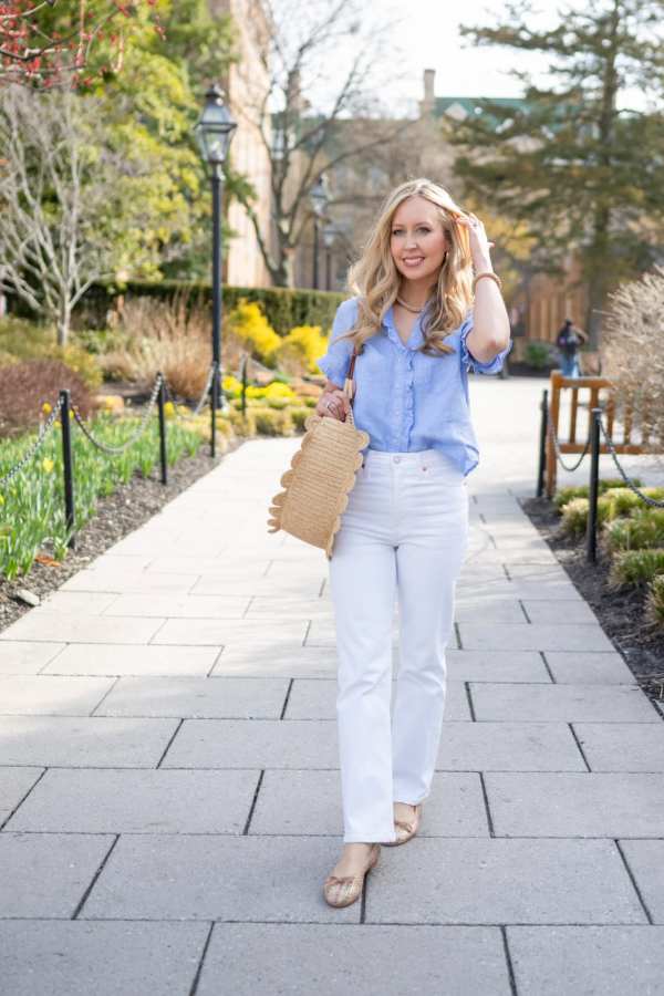 White Straight Leg Jeans with Blue Shirt and Straw Bag — Straight Leg Jeans Outfits