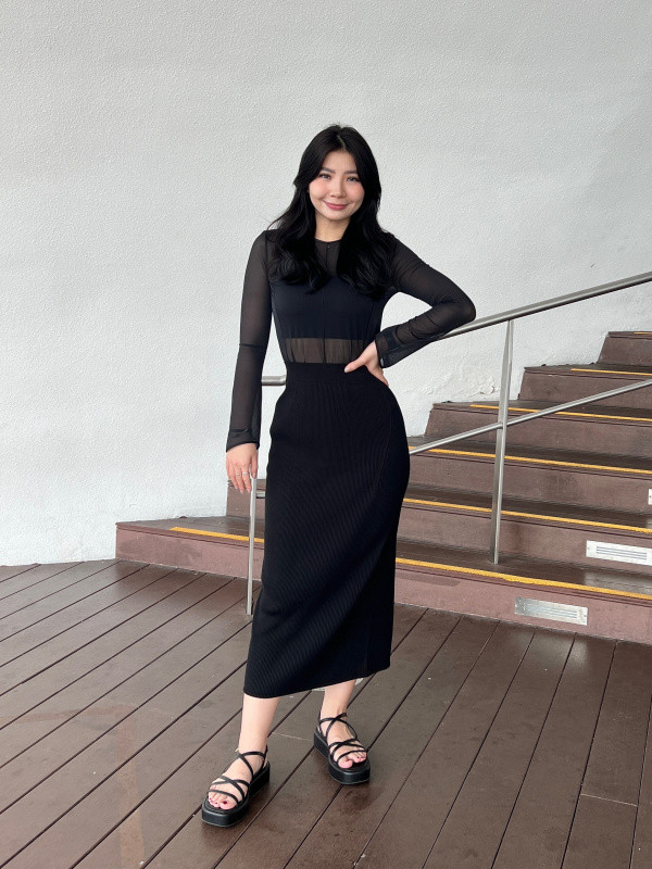 Sheer Panel Top Over a Ribbed Knit Midi Dress — Sheer Top Outfits