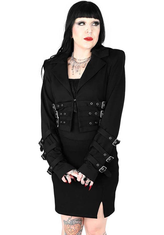 Fitted Blazer with Buckle Details Over Black Dress for Statement Goth — Corporate Goth Outfits