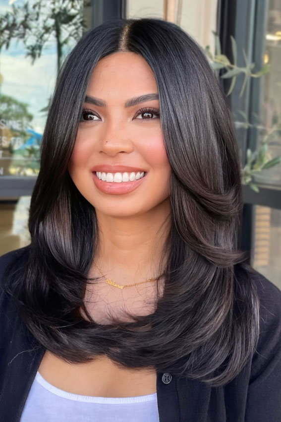 Sleek Dark Brown With Greyish Highlights Sleek Dark Brown With Greyish Highlights — Medium Length Layered Hair