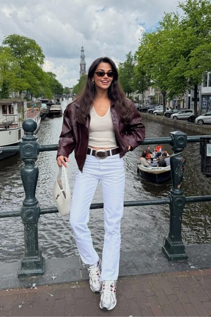 Burgundy Leather Jacket with Straight-Leg Jeans Burgundy Leather Jacket with Straight-Leg Jeans — Amsterdam Outfits